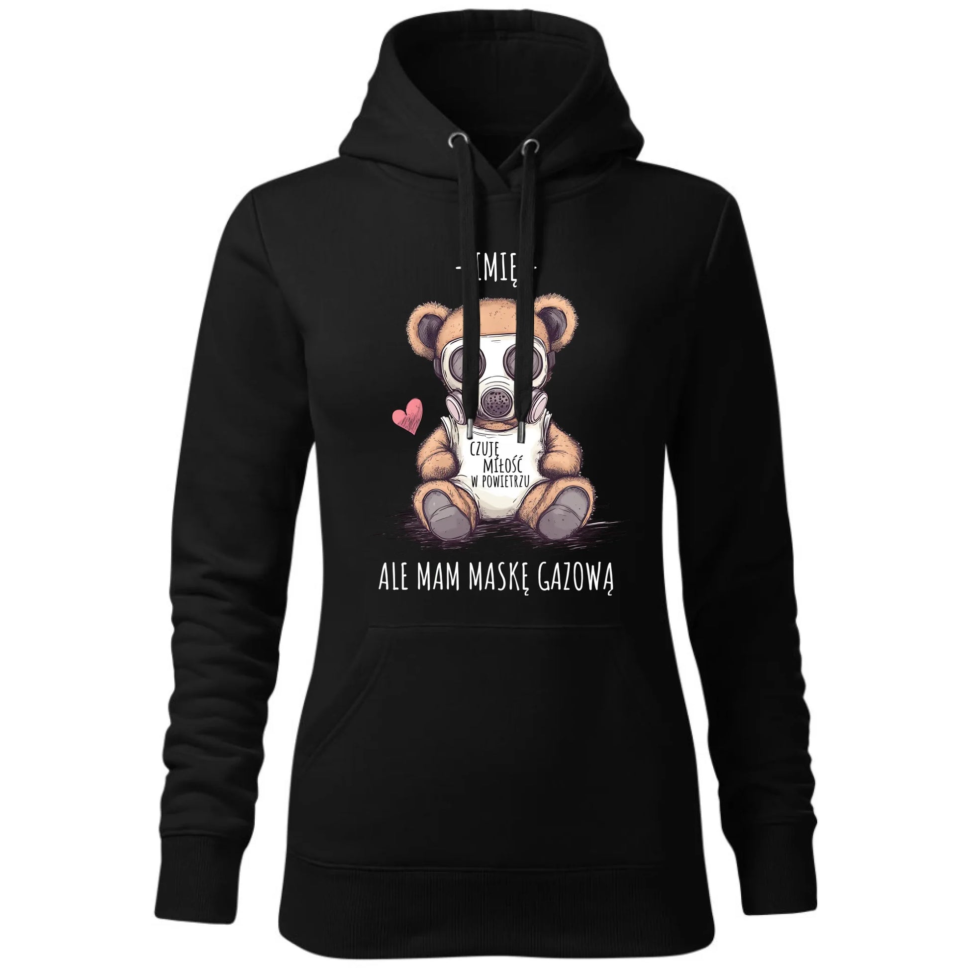 Bluza damska z kapturem - Miś w masce gazowej - Czuję miłość w powietrzu - personalizowana W38 - StoryCups.pl