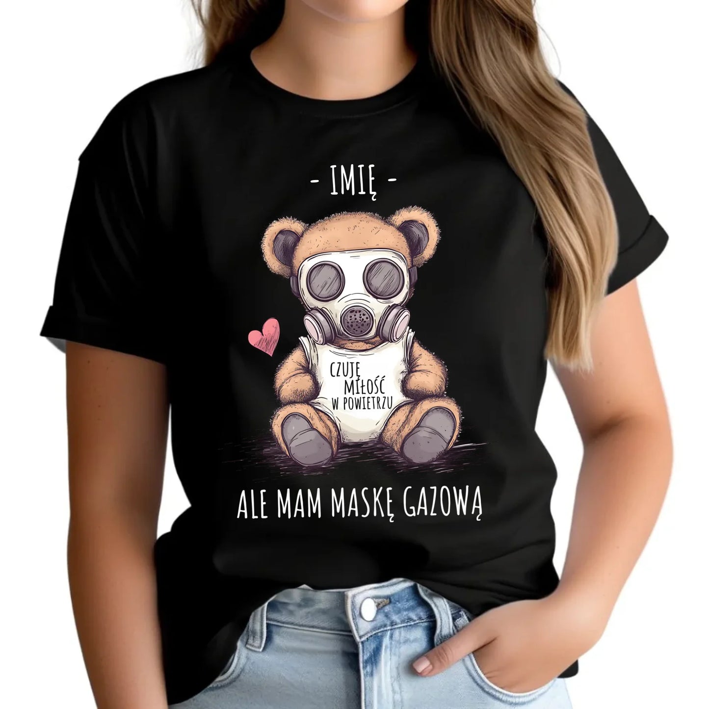 Koszulka damska - Miś w masce gazowej - Czuję miłość w powietrzu - personalizowana W38 - StoryCups.pl