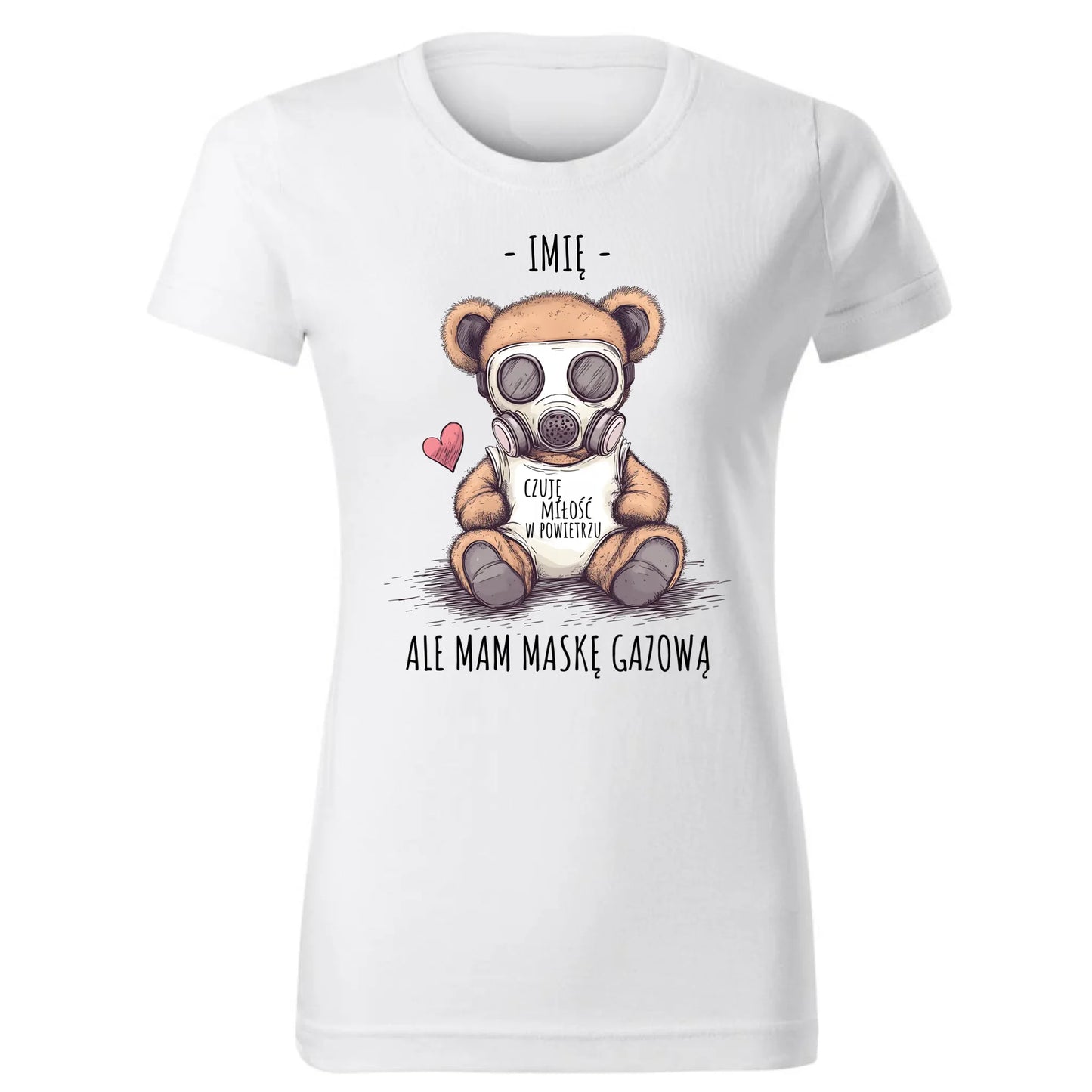 Koszulka damska - Miś w masce gazowej - Czuję miłość w powietrzu - personalizowana W38 - StoryCups.pl