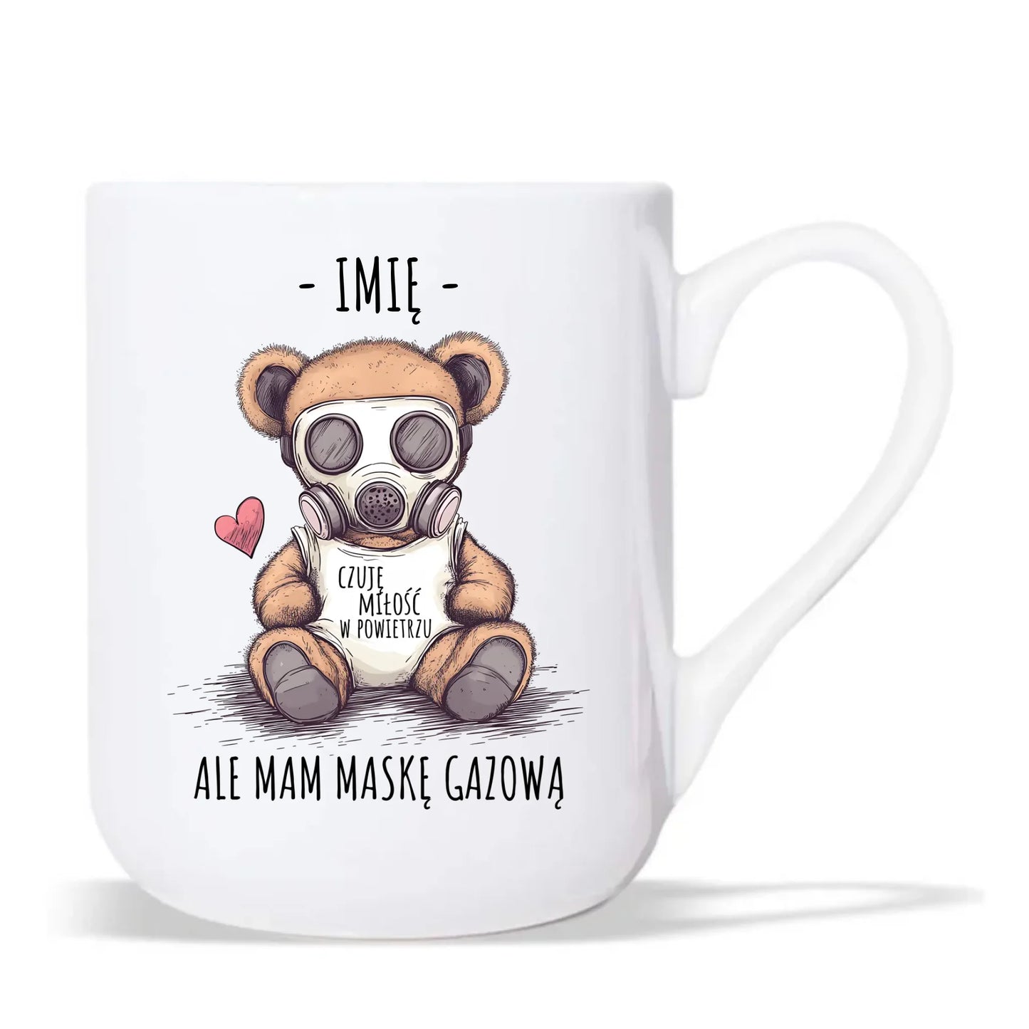 Kubek elegant - Miś w masce gazowej - Czuję miłość w powietrzu - personalizowany W38 - StoryCups.pl