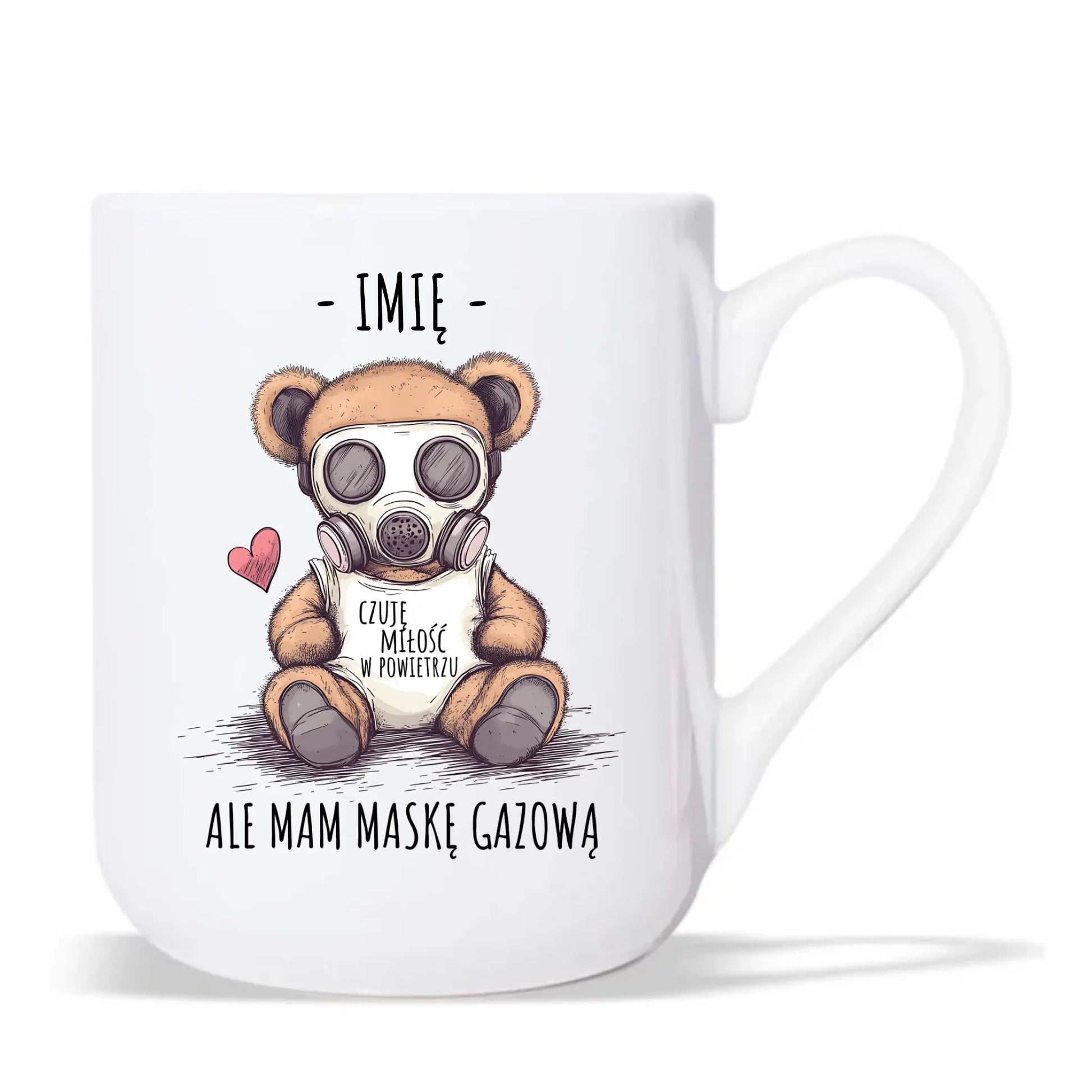 Kubek elegant - Miś w masce gazowej - Czuję miłość w powietrzu - personalizowany W38 - StoryCups.pl