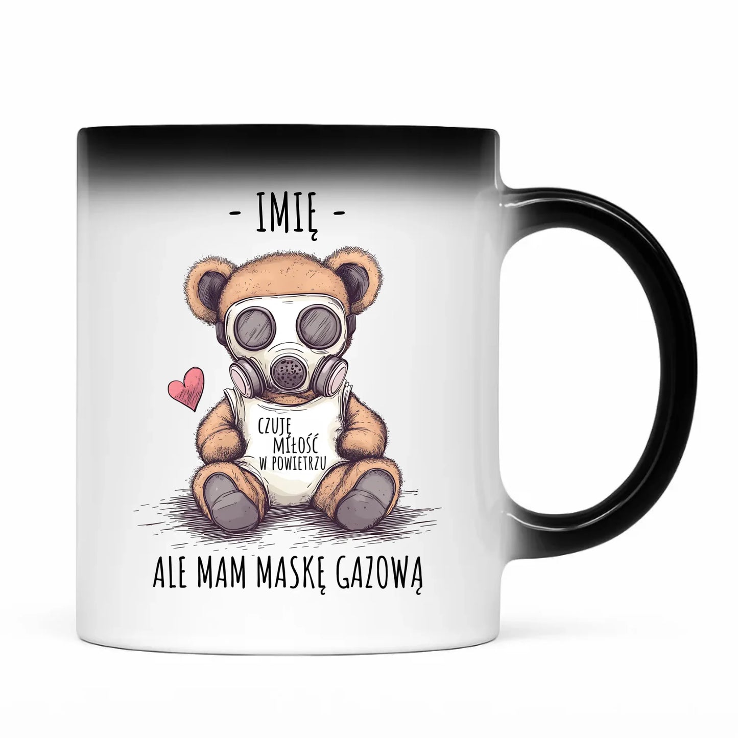 Kubek magiczny - Miś w masce gazowej - Czuję miłość w powietrzu - personalizowany W38 - StoryCups.pl