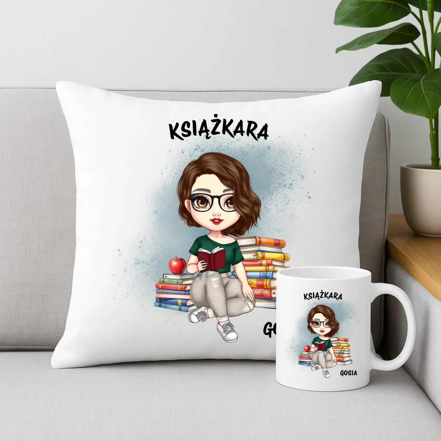 Zestaw poduszka i kubek - Książkara - Prezent dla miłośniczki czytania książek - personalizowany DZ03 - StoryCups.pl