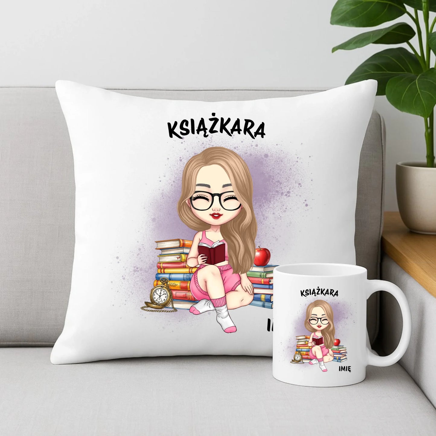 Zestaw poduszka i kubek - Książkara - Prezent dla miłośniczki czytania książek - personalizowany DZ04 - StoryCups.pl