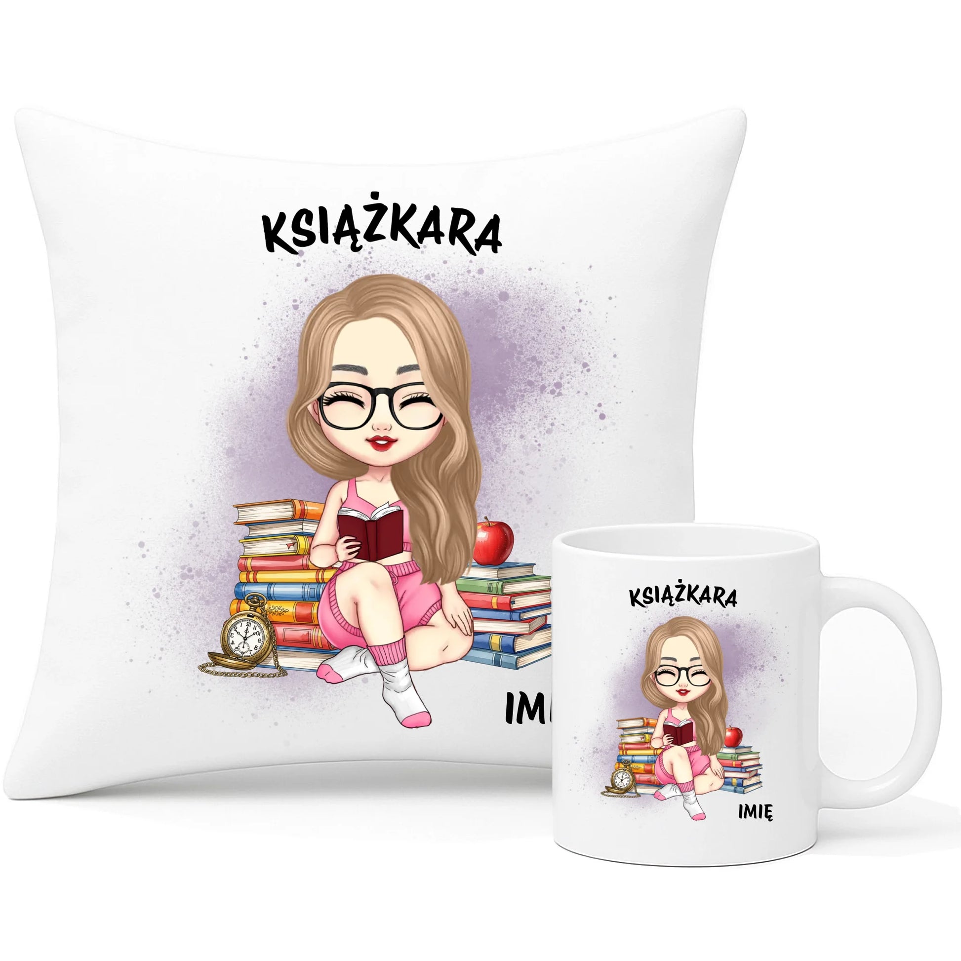 Zestaw poduszka i kubek - Książkara - Prezent dla miłośniczki czytania książek - personalizowany DZ04 - StoryCups.pl