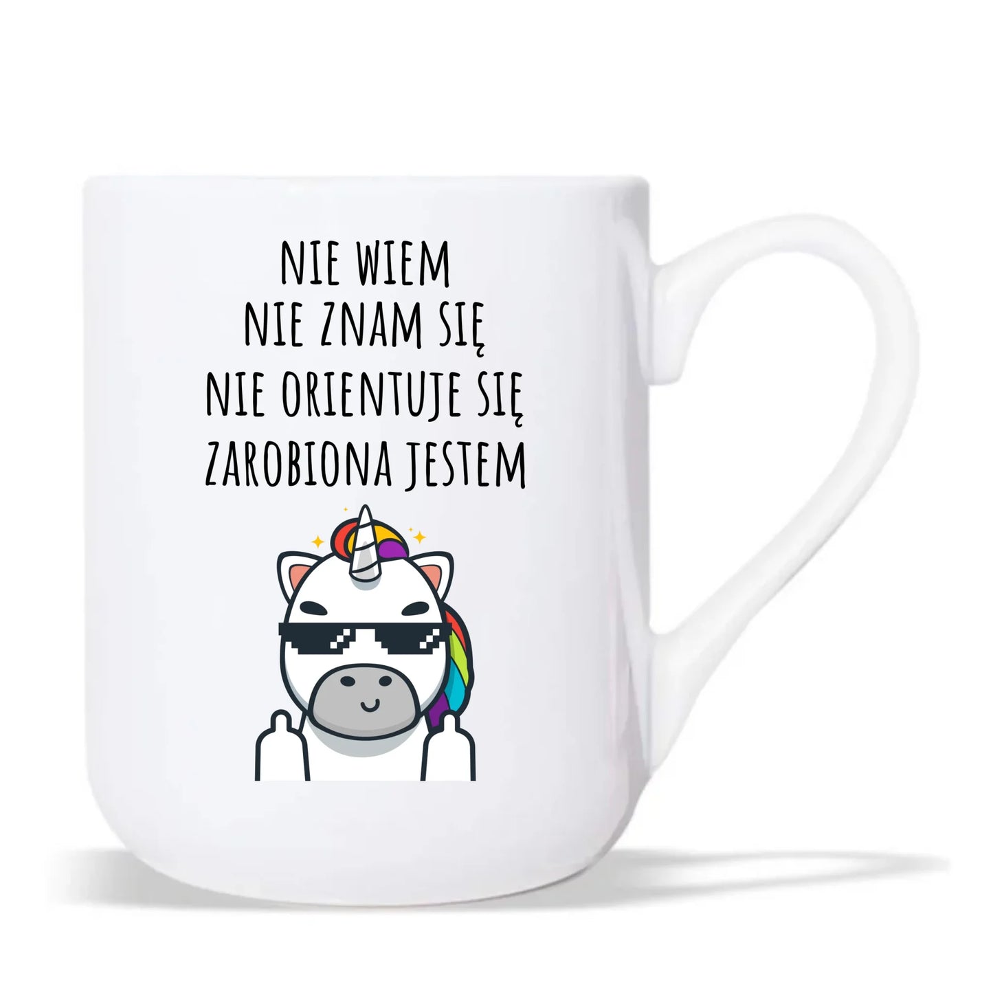 Śmieszny kubek elegant z napisem - Nie wiem, nie znam się, zarobiona jestem DZ05 - StoryCups.pl