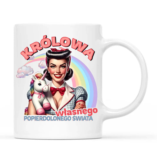 Śmieszny kubek retro – Królowa własnego popierd*onego świata - bez cenzury DZ08 - StoryCups.pl