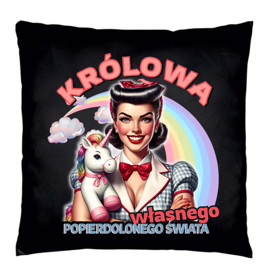 Śmieszna poduszka dekoracyjna retro – Królowa własnego popierd*onego świata - bez cenzury DZ08 - StoryCups.pl