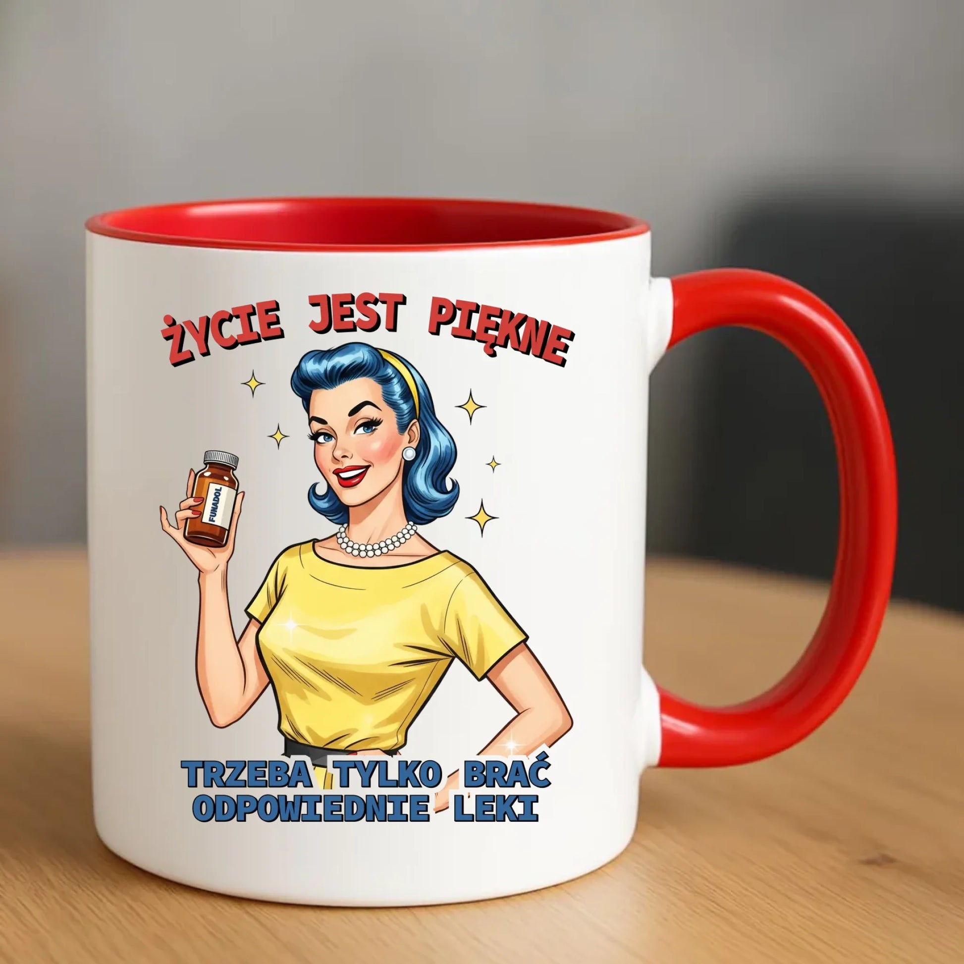Śmieszny kubek retro - Życie jest piękne, trzeba brać odpowiednie leki DZ14 - StoryCups.pl