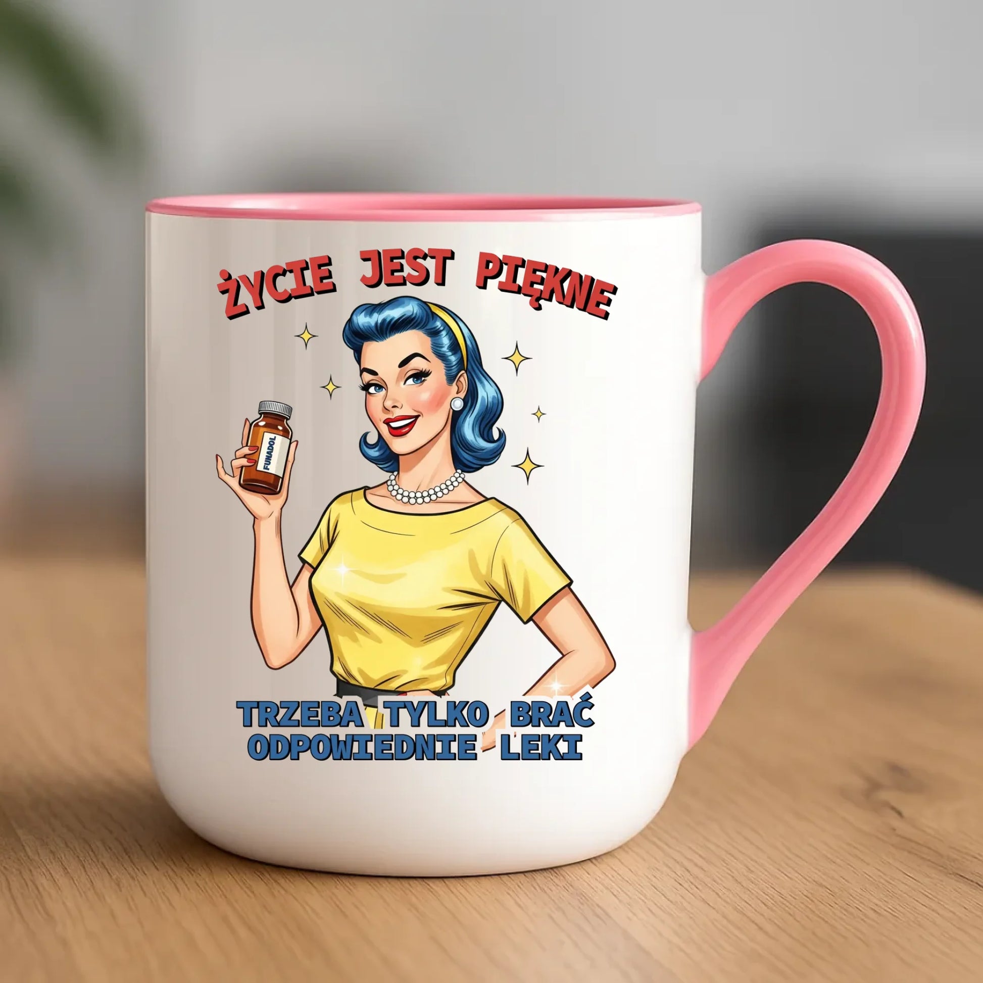 Śmieszny kubek elegant retro - Życie jest piękne, trzeba brać odpowiednie leki DZ14 - StoryCups.pl