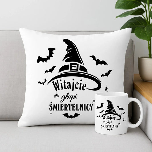 Zestaw poduszka i kubek na Halloween - Witajcie głupi śmiertelnicy HL23