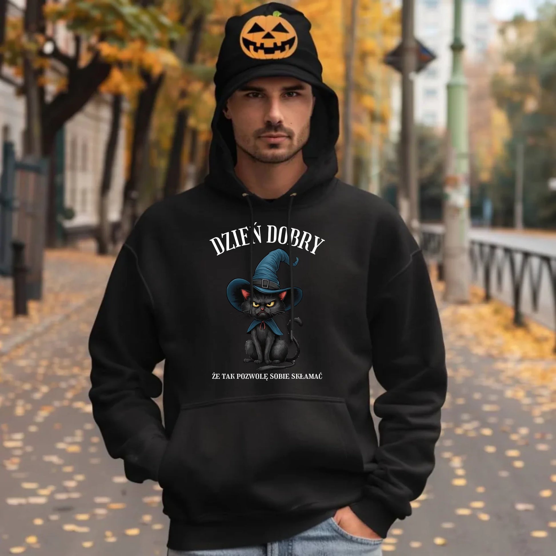 Bluza męska z kapturem halloweenowa - Dzień dobry, że tak pozwolę sobie skłamać HL27 - StoryCups.pl