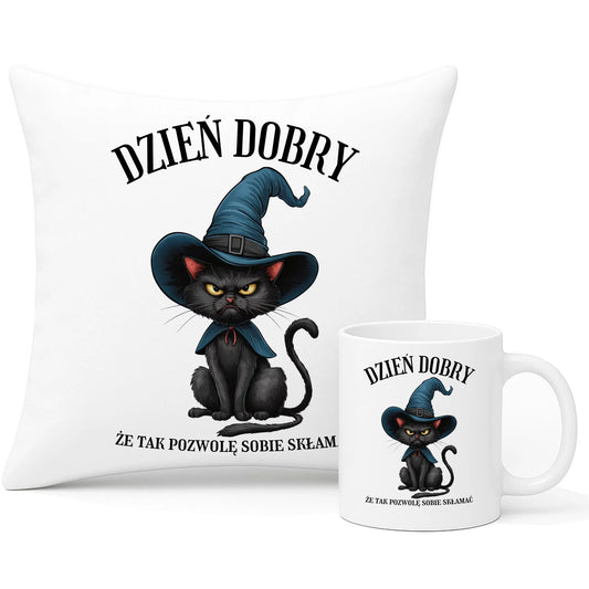 Zestaw poduszka i kubek halloweenowy - Dzień dobry, że tak pozwolę sobie skłamać HL27