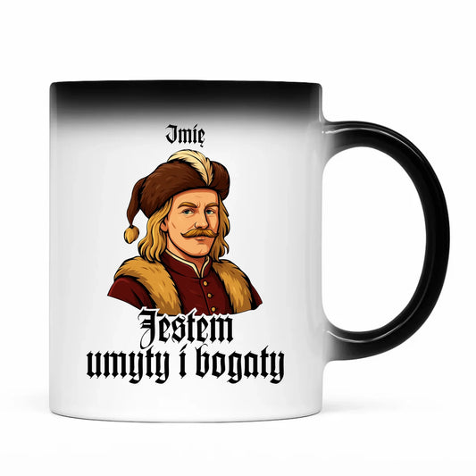 Kubek magiczny - Jestem umyty i bogaty - dla fanów serialu 1670 - personalizowany H60 - StoryCups.pl