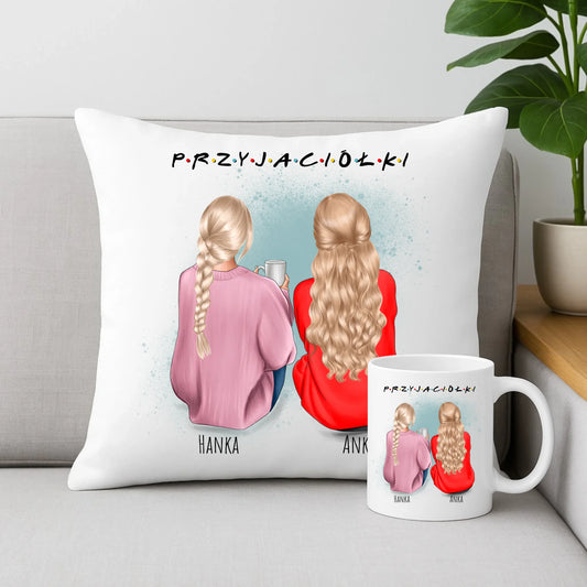 Zestaw poduszka i kubek - prezent dla przyjaciółki - personalizowane postacie 2-4 osoby PR02 - StoryCups.pl