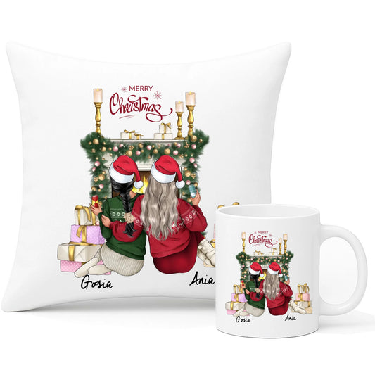 Zestaw poduszka i kubek świąteczny - prezent dla przyjaciółki - personalizowane postacie 2-4 osoby PR04 - StoryCups.pl
