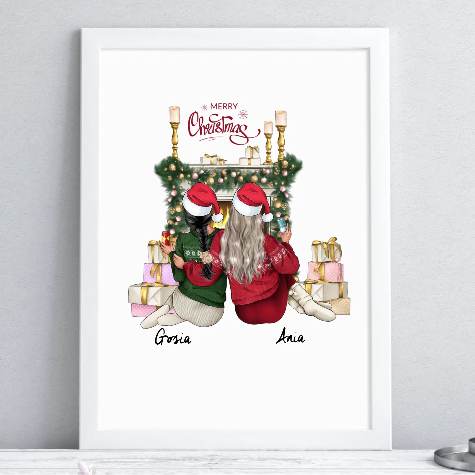 Plakat w ramie świąteczny - prezent dla przyjaciółki - personalizowane postacie 2-4 osoby PR04 - StoryCups.pl