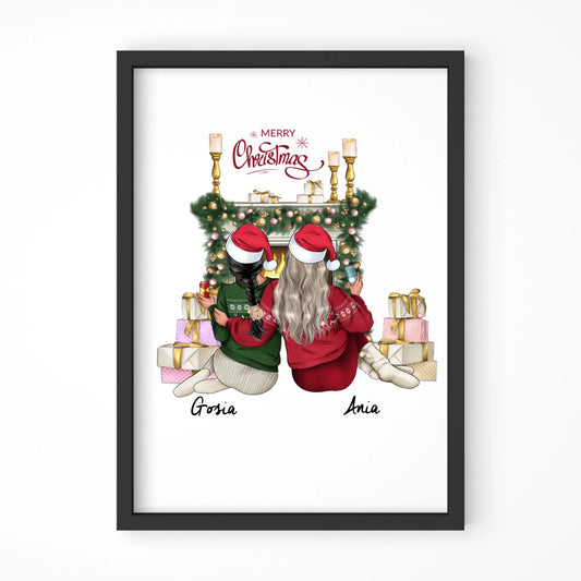 Plakat w ramie świąteczny - prezent dla przyjaciółki - personalizowane postacie 2-4 osoby PR04 - StoryCups.pl