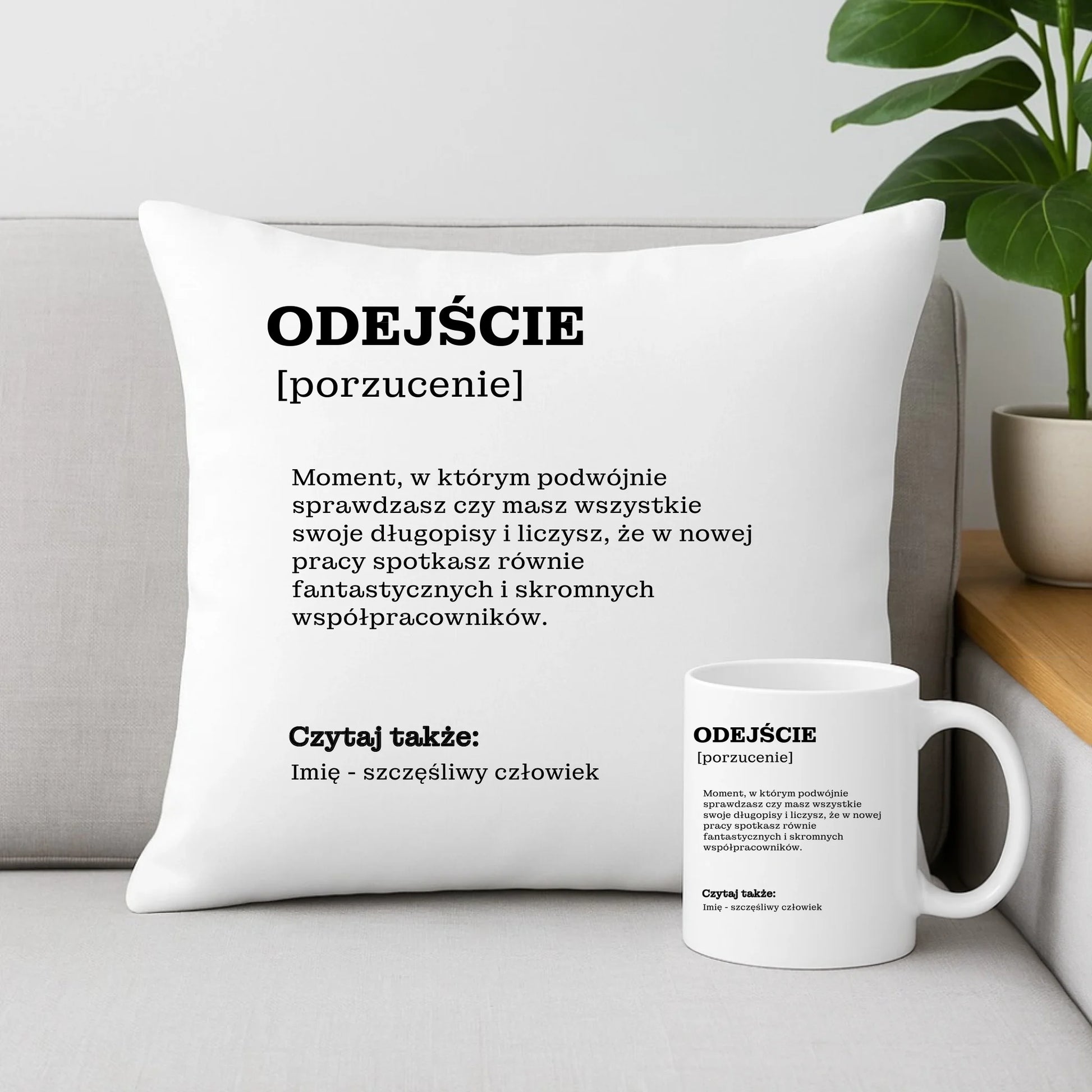 Zestaw poduszka i kubek - Odejście z pracy [porzucenie] - personalizowany OP01 - StoryCups.pl