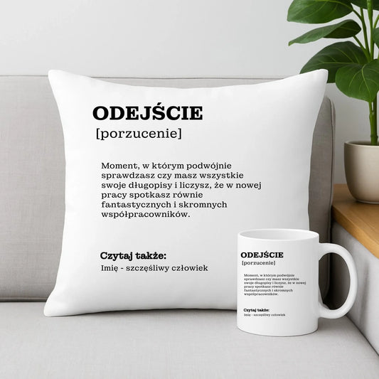 Zestaw poduszka i kubek - Odejście z pracy [porzucenie] - personalizowany OP01 - StoryCups.pl