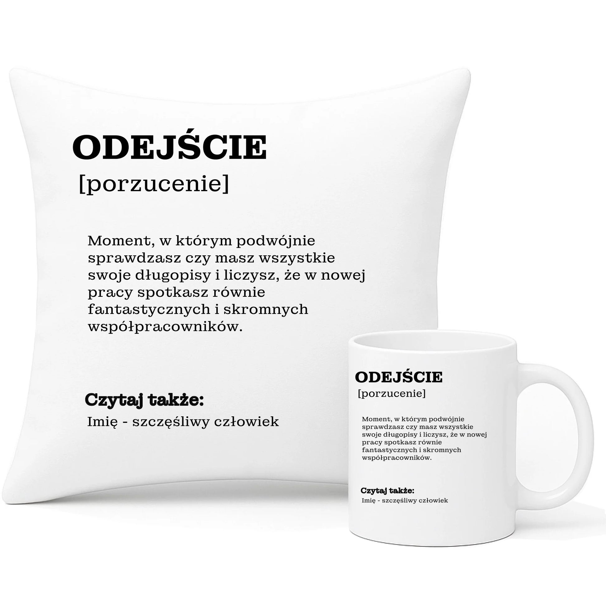 Zestaw poduszka i kubek - Odejście z pracy [porzucenie] - personalizowany OP01 - StoryCups.pl