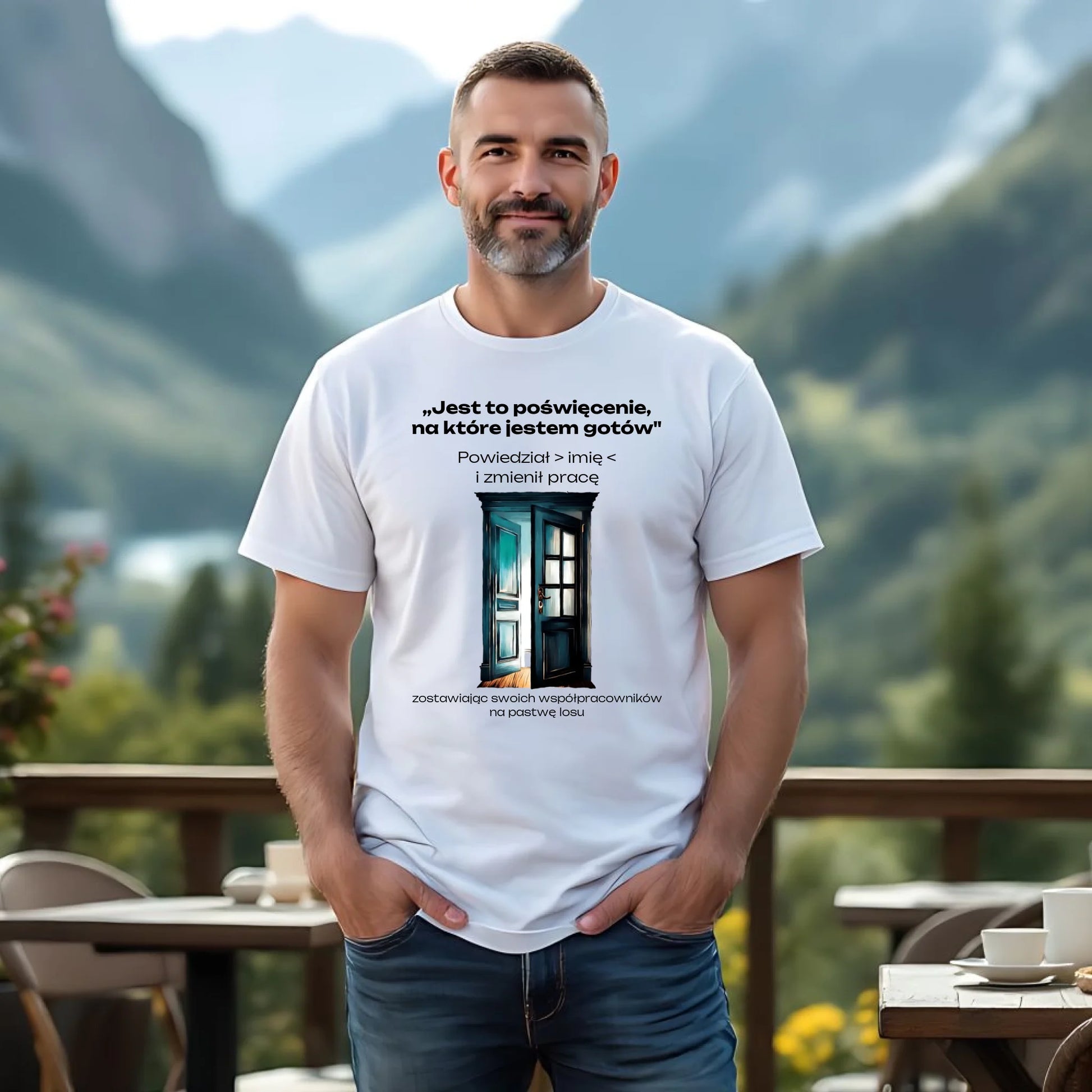 Koszulka męska na odejście z pracy - Poświęcenie, na które jestem gotów - personalizowana OP02 - StoryCups.pl