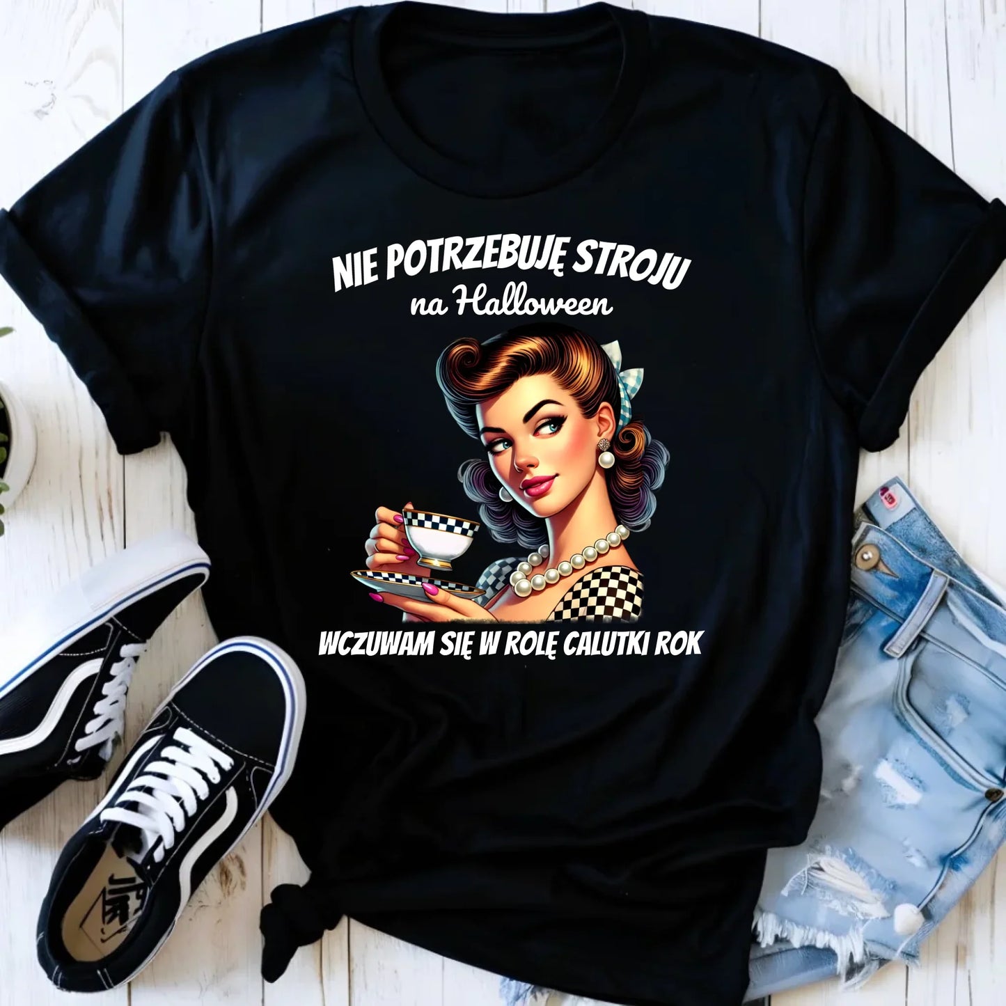 Koszulka damska retro pin-up girl – Nie potrzebuję stroju na Halloween HL29 - StoryCups.pl