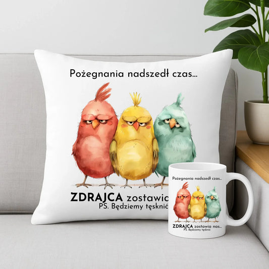 Zestaw poduszka i kubek na odejście z pracy - Pożegnania nadszedł czas OP05 - StoryCups.pl