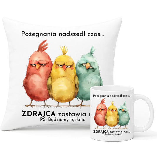Zestaw poduszka i kubek na odejście z pracy - Pożegnania nadszedł czas OP05 - StoryCups.pl