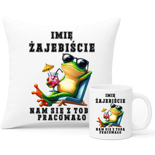 Zestaw poduszka i kubek na odejście z pracy - Żajebiście nam się z Tobą pracowało - personalizowany OP09 - StoryCups.pl