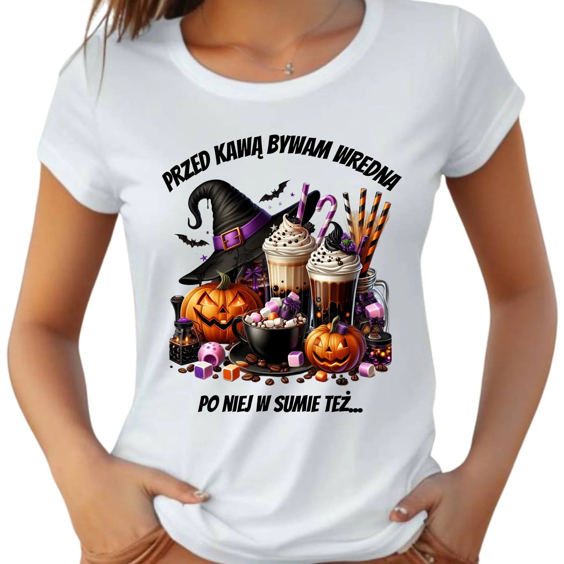 Koszulka damska Halloween – Przed kawą bywam wredna, po niej w sumie też HL30 - StoryCups.pl