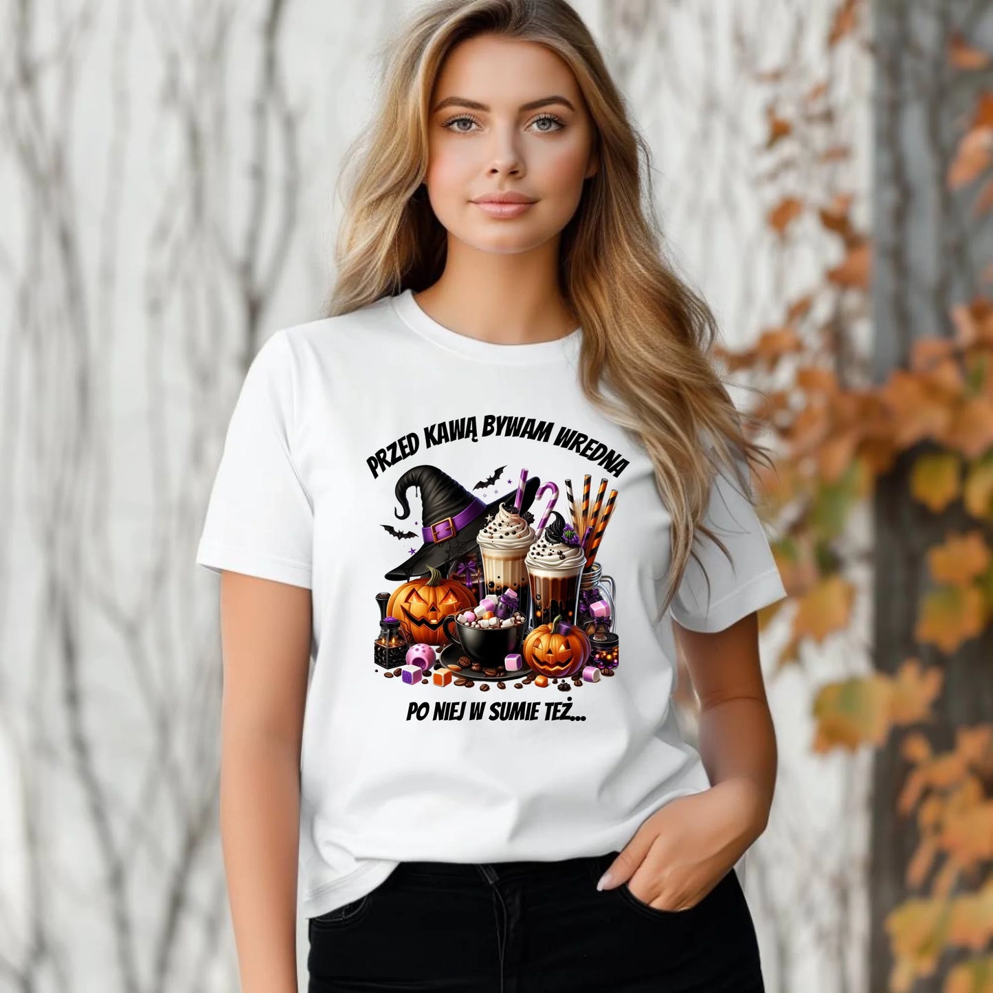 Koszulka damska Halloween – Przed kawą bywam wredna, po niej w sumie też HL30 - StoryCups.pl