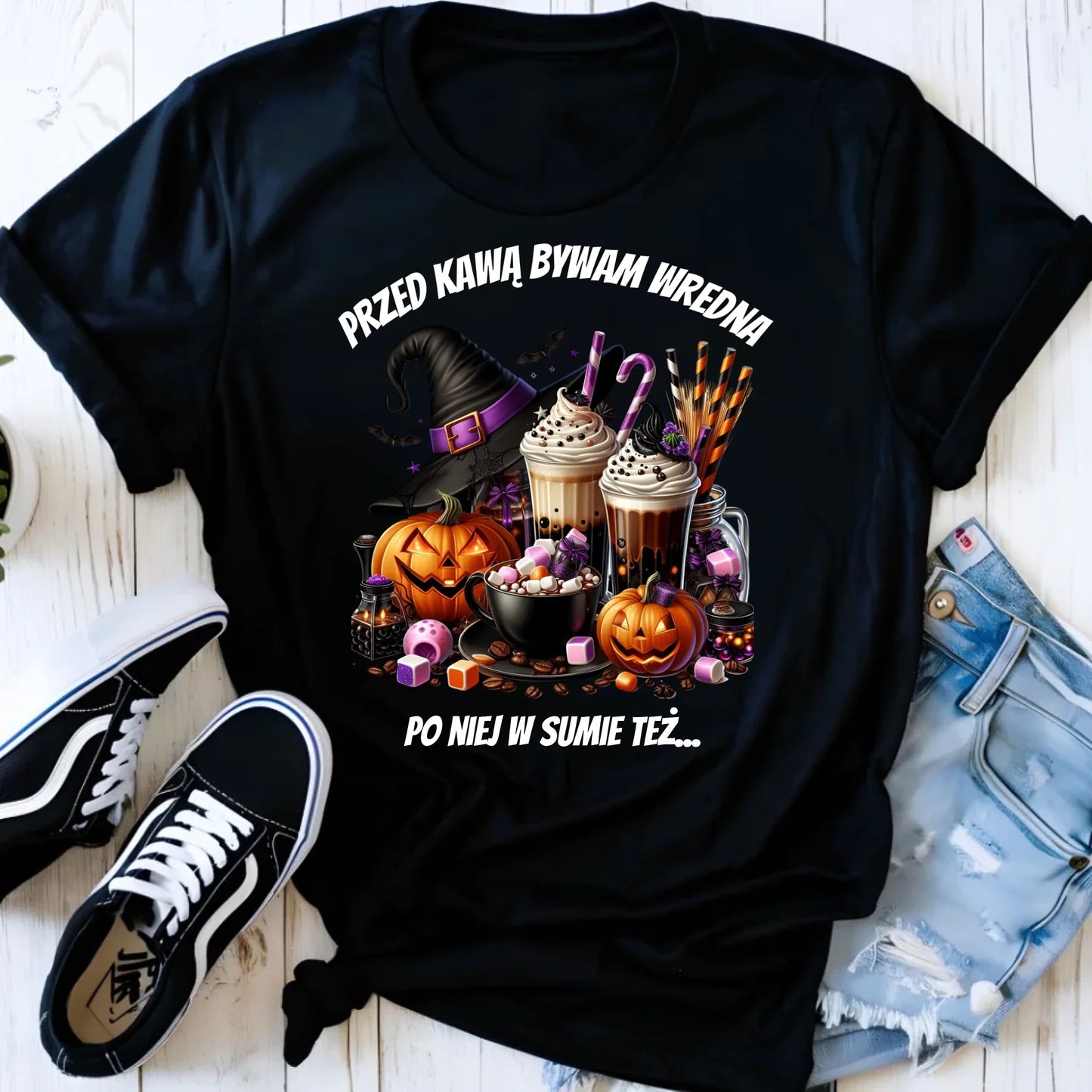 Koszulka damska Halloween – Przed kawą bywam wredna, po niej w sumie też HL30 - StoryCups.pl