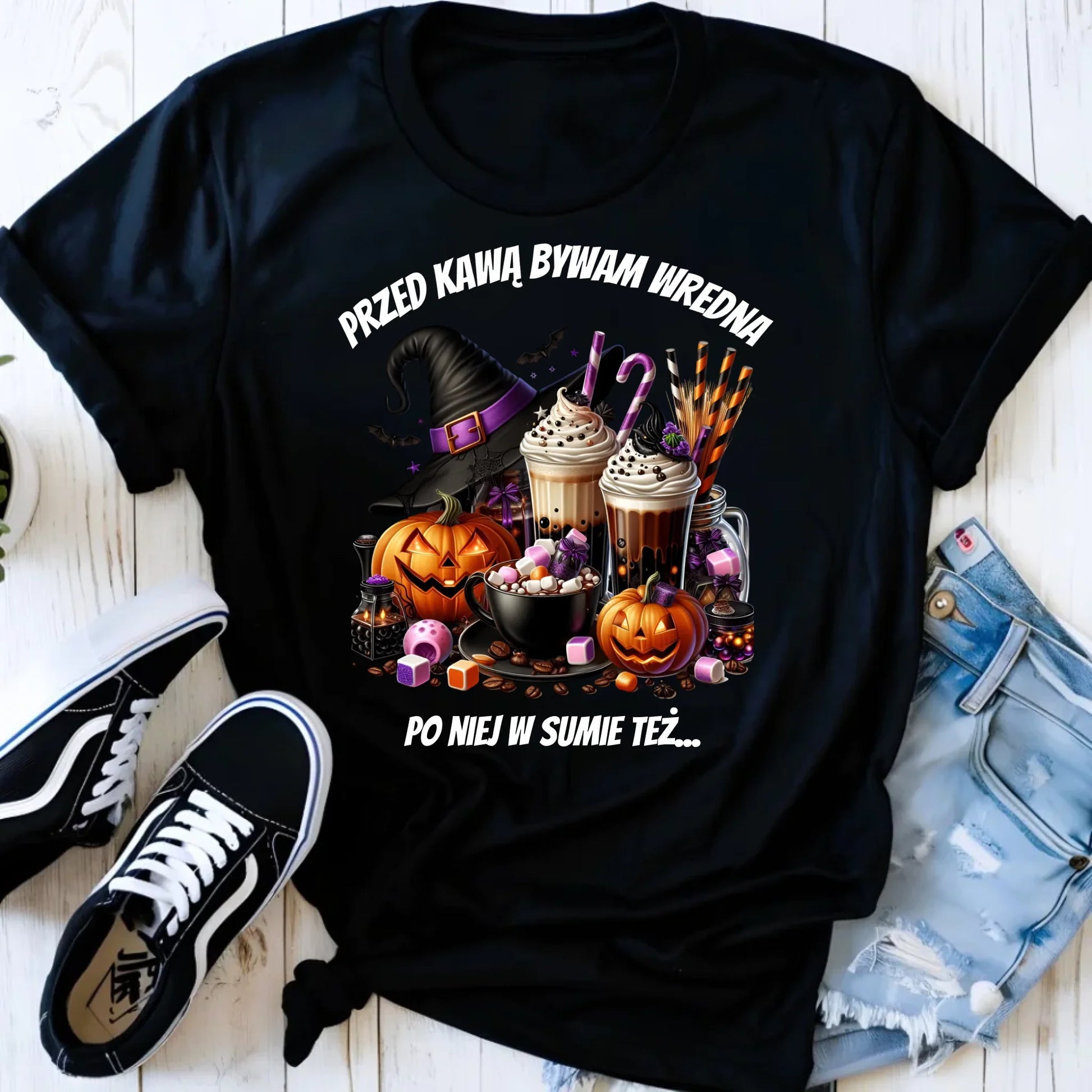 Koszulka damska Halloween – Przed kawą bywam wredna, po niej w sumie też HL30 - StoryCups.pl