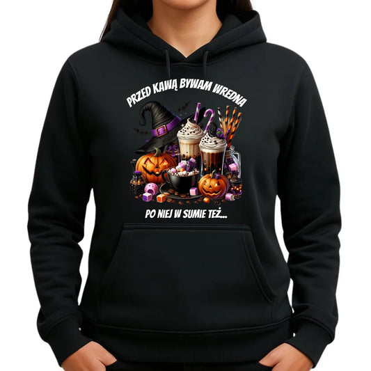 Bluza damska z kapturem Halloween – Przed kawą bywam wredna, po niej w sumie też HL30