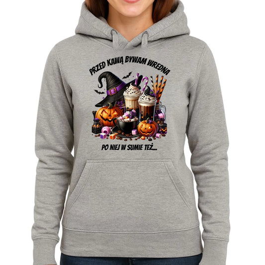 Bluza damska z kapturem Halloween – Przed kawą bywam wredna, po niej w sumie też HL30