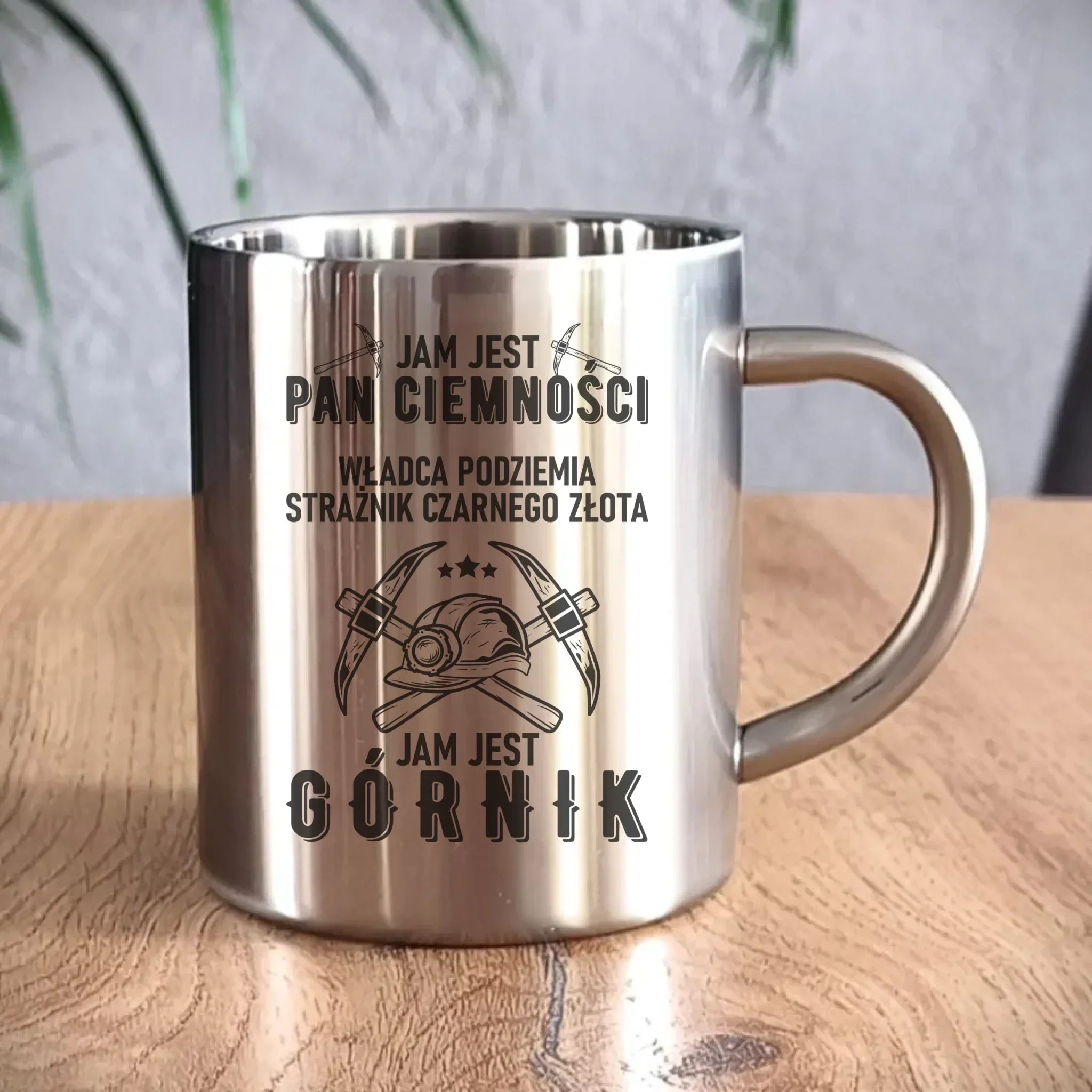 Kubek metalowy - prezent dla górnika - Pan ciemności jam jest górnik G04 - StoryCups.pl