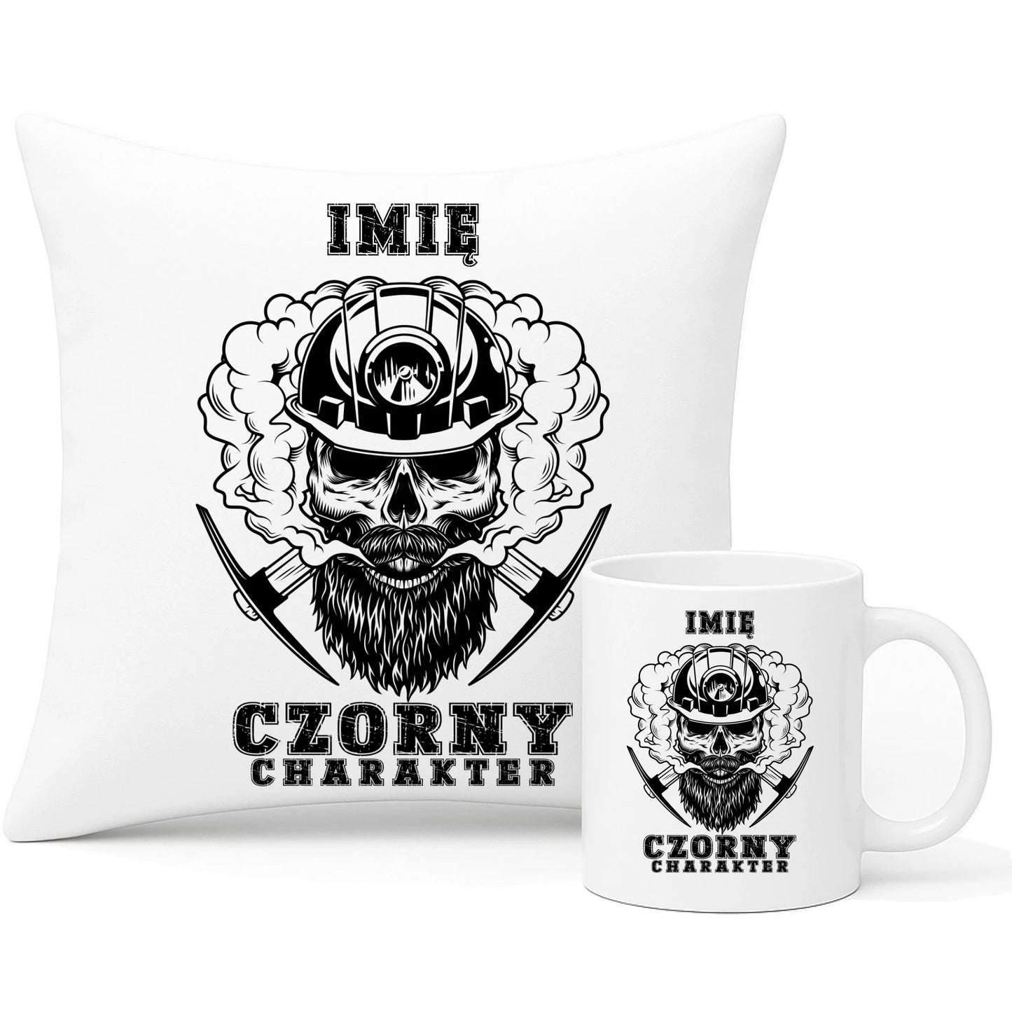 Zestaw poduszka i kubek - prezent dla górnika - Czorny charakter - personalizowany G06 - StoryCups.pl