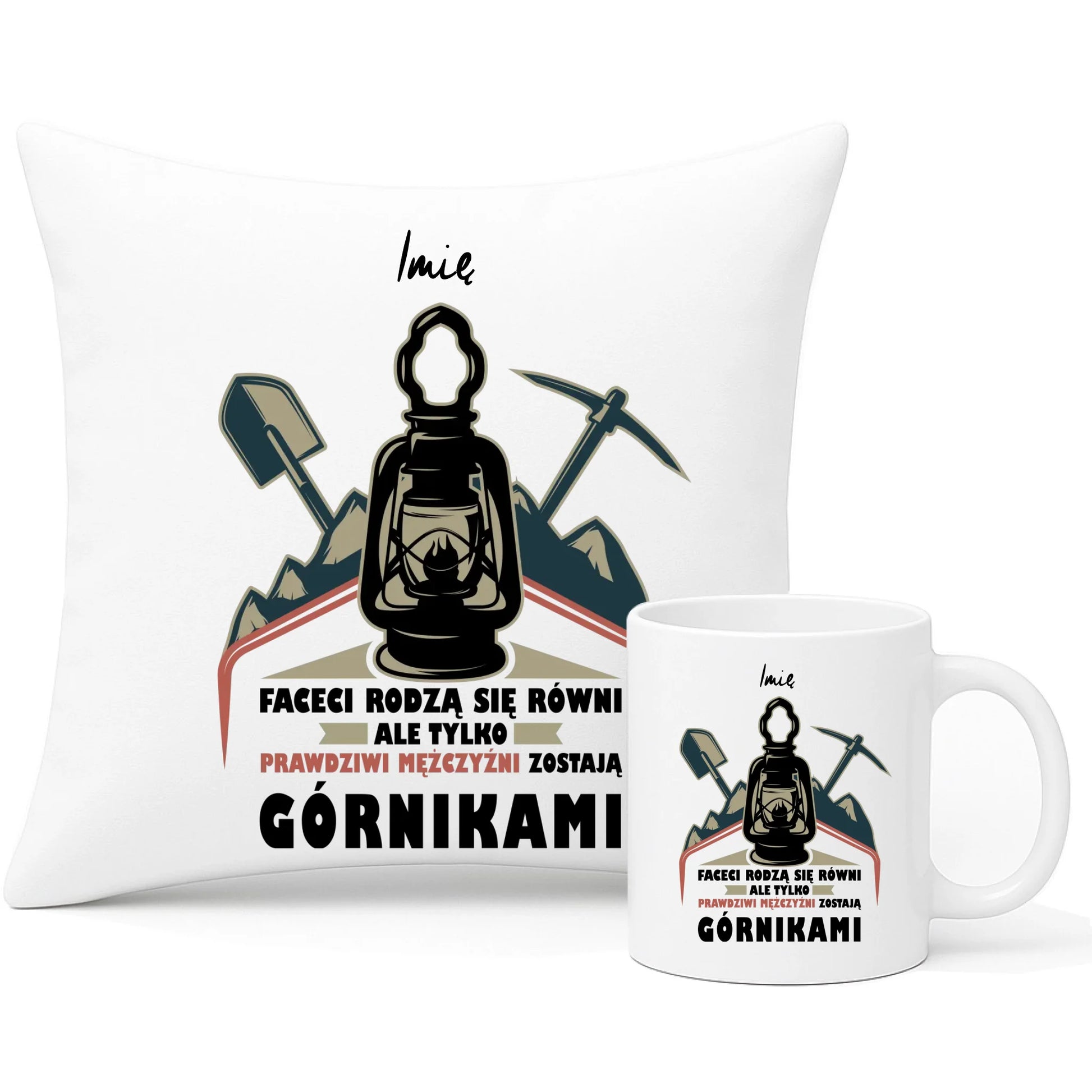 Zestaw poduszka i kubek - prezent dla górnika - Prawdziwi mężczyźni rodzą się górnikami - personalizowany G08 - StoryCups.pl