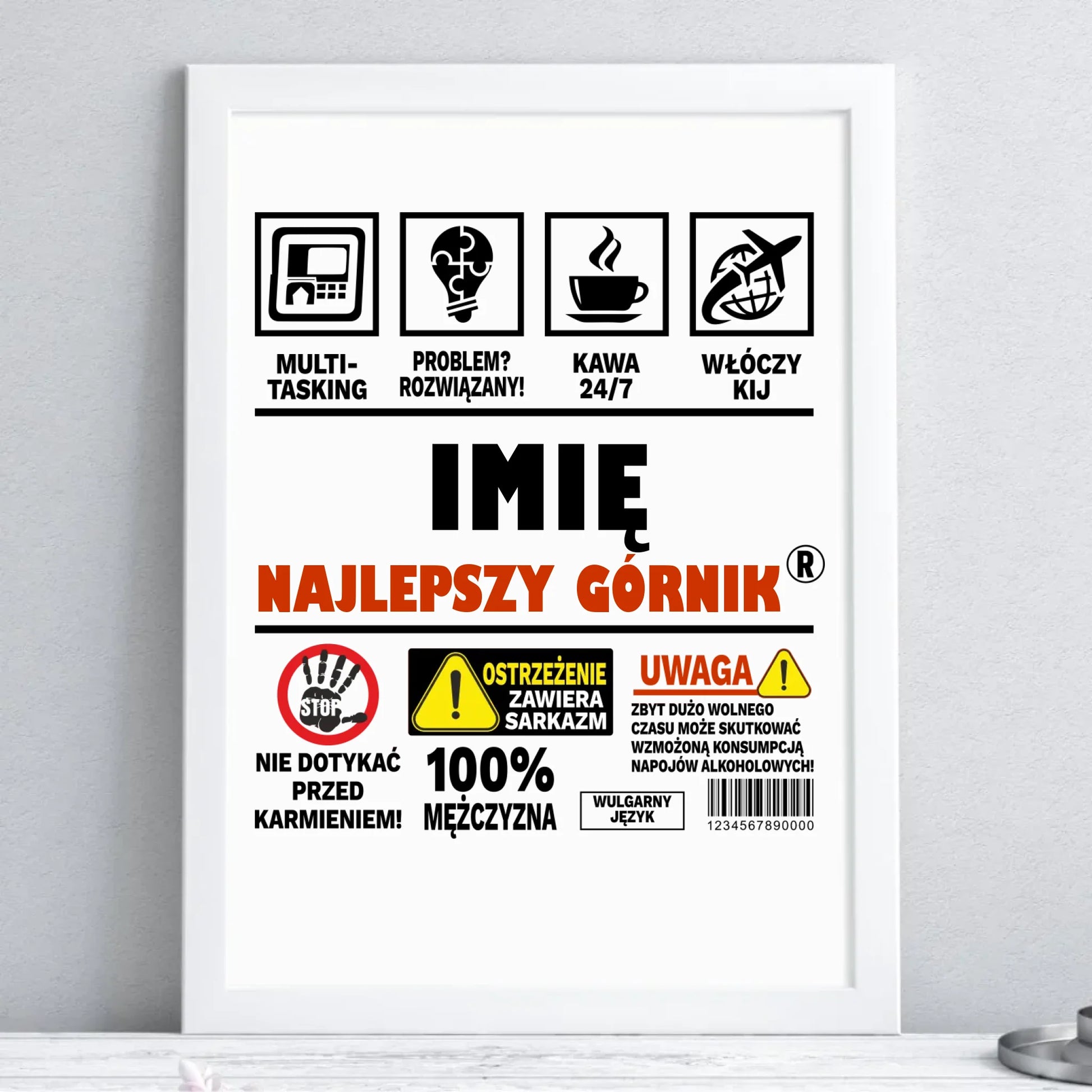 Plakat w ramie - prezent dla górnika - Najlepszy górnik 24/7 - personalizowany G11 - StoryCups.pl