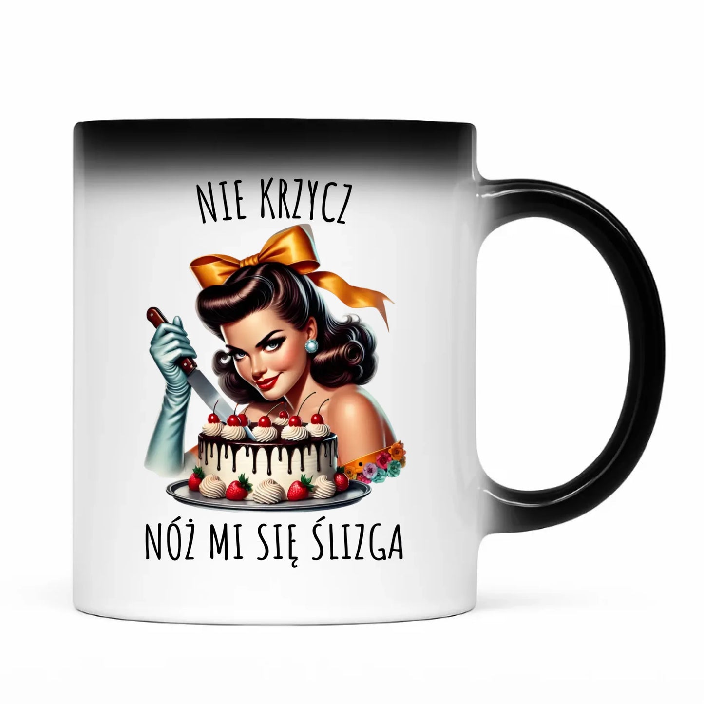 Kubek magiczny dla niej - Nie krzycz, nóż mi się ślizga - Czarny humor DZ22 - StoryCups.pl