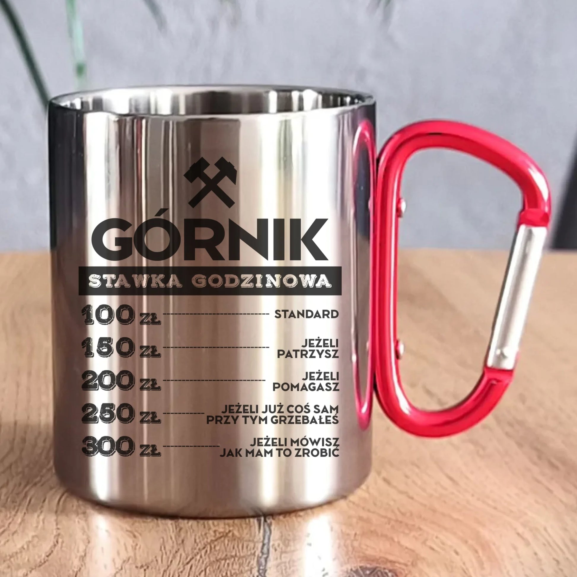 Kubek metalowy - prezent dla górnika - Górnik stawka godzinowa G14 - StoryCups.pl