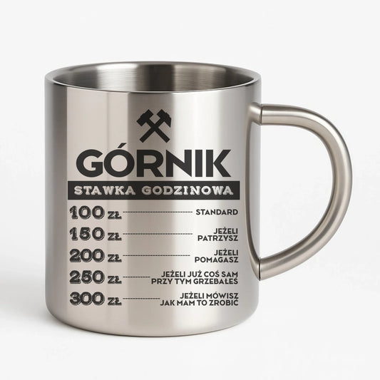 Kubek metalowy - prezent dla górnika - Górnik stawka godzinowa G14 - StoryCups.pl