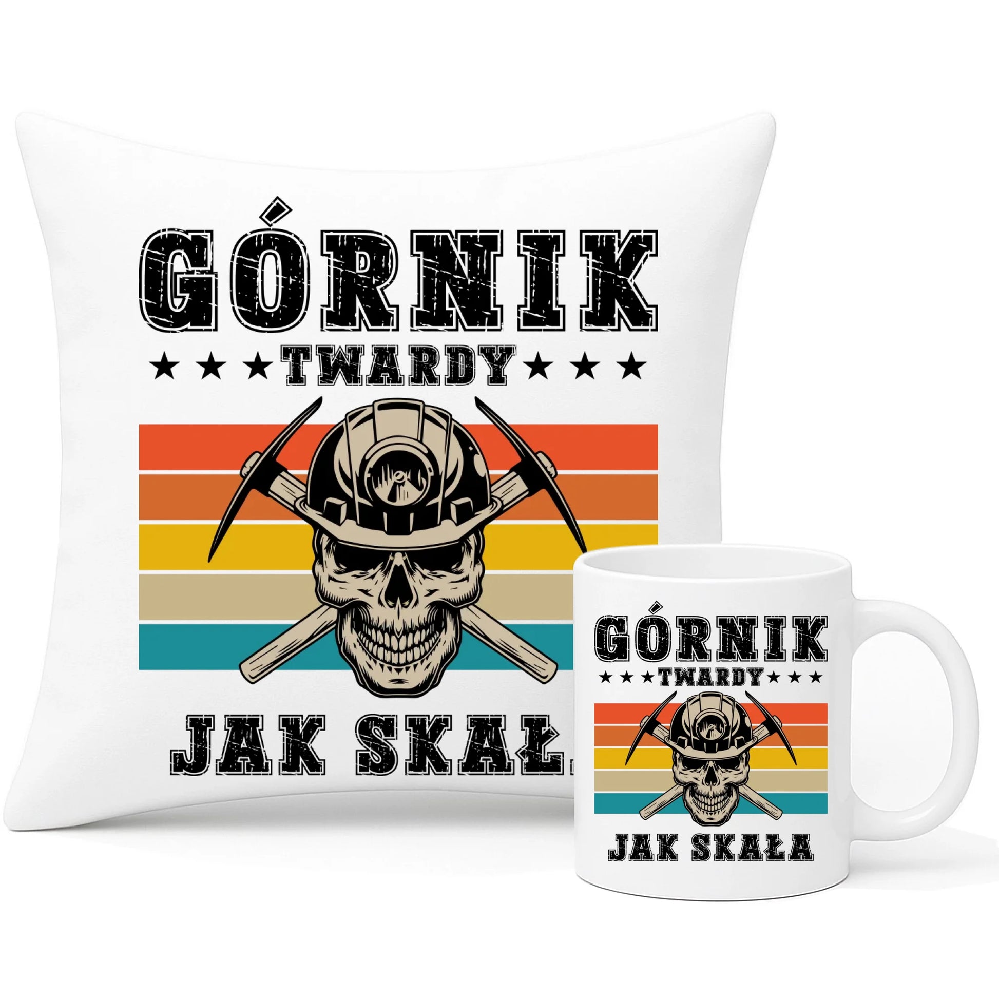 Zestaw poduszka i kubek - prezent dla górnika - Górnik twardy jak skała G21 - StoryCups.pl