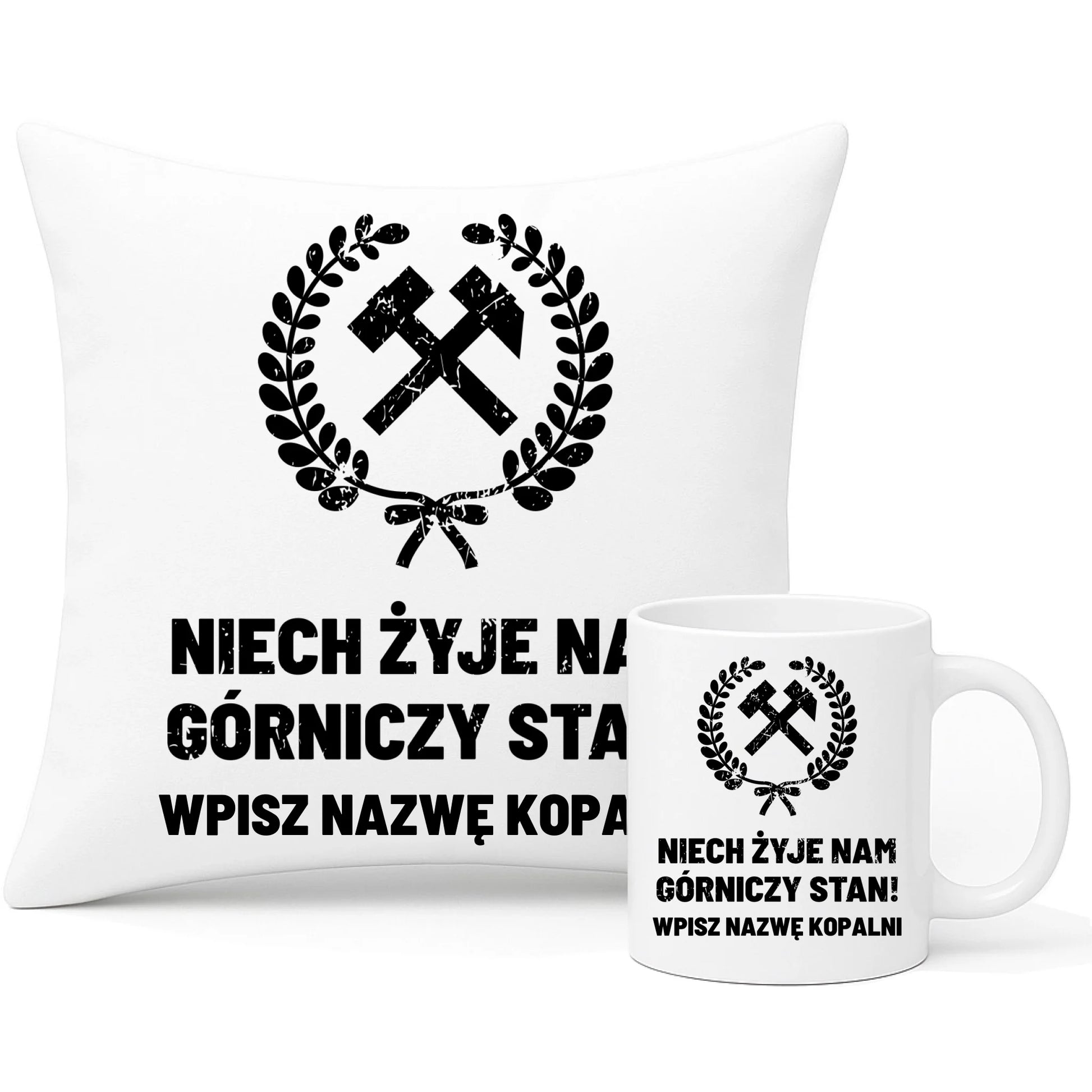 Zestaw poduszka i kubek - prezent dla górnika - Niech żyje nam górniczy stan - personalizowany G24 - StoryCups.pl