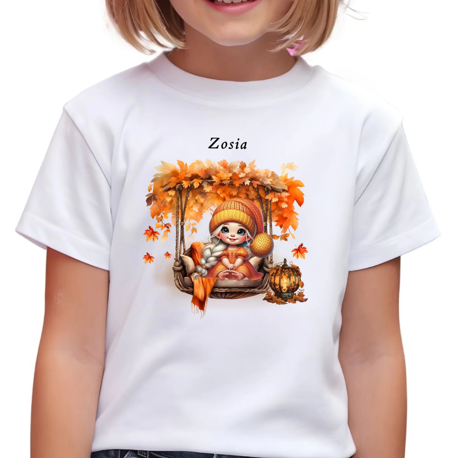 Koszulka dziecięca jesienna - Dziewczynka z liśćmi - personalizowana JS17 - StoryCups.pl