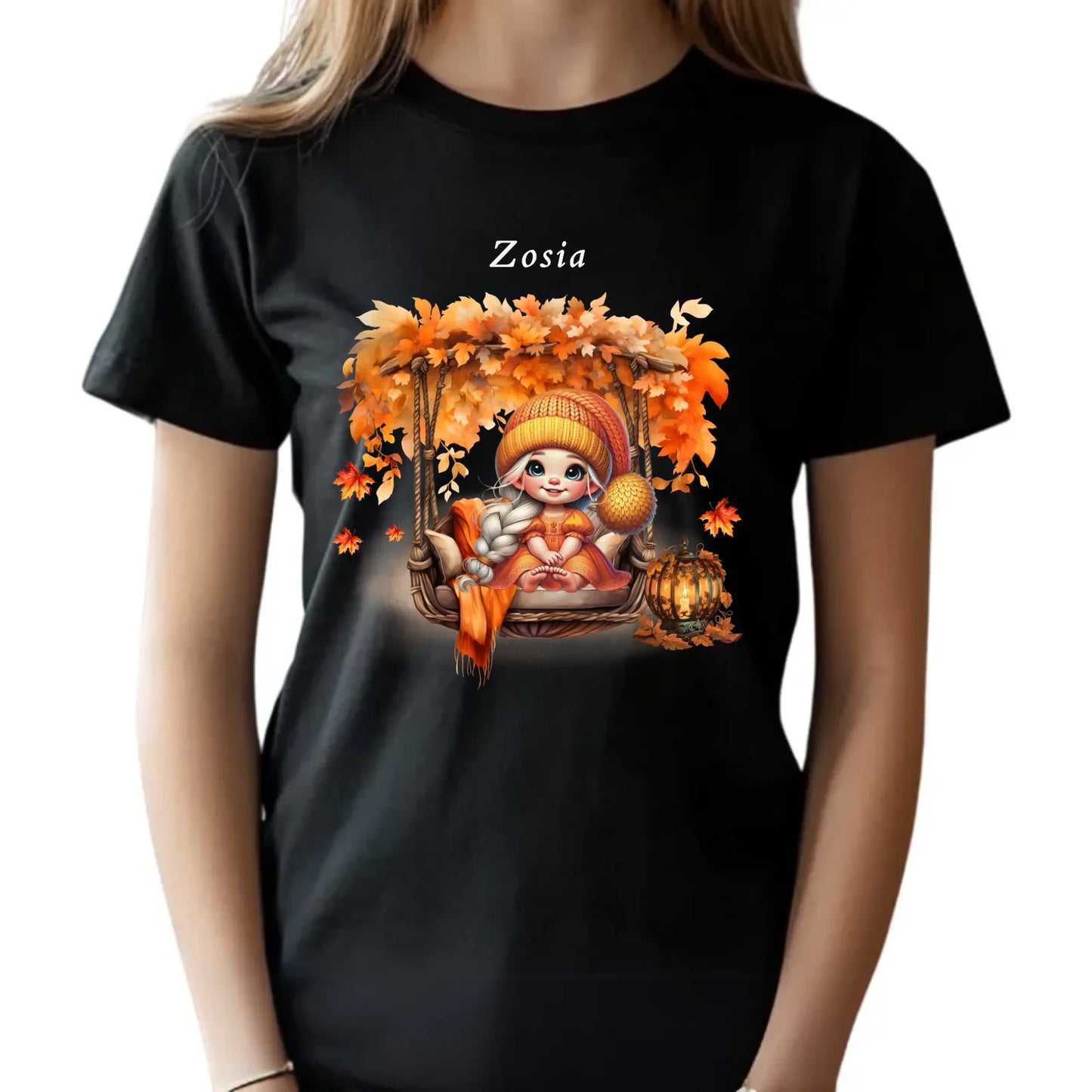 Koszulka dziecięca jesienna - Dziewczynka z liśćmi - personalizowana JS17 - StoryCups.pl