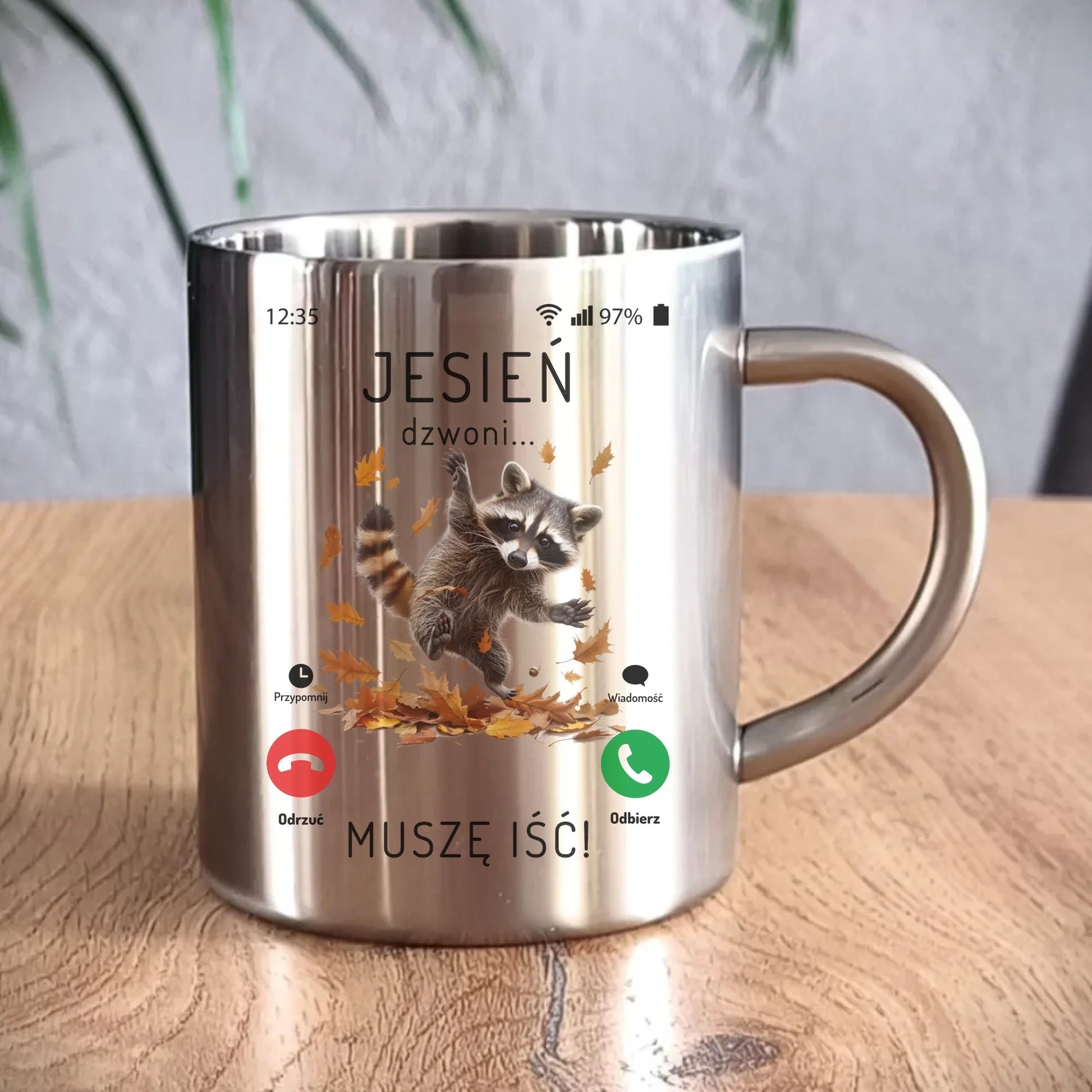 Kubek metalowy jesienny - Jesień dzwoni muszę iść JS18 - StoryCups.pl
