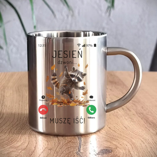 Kubek metalowy jesienny - Jesień dzwoni muszę iść JS18 - StoryCups.pl