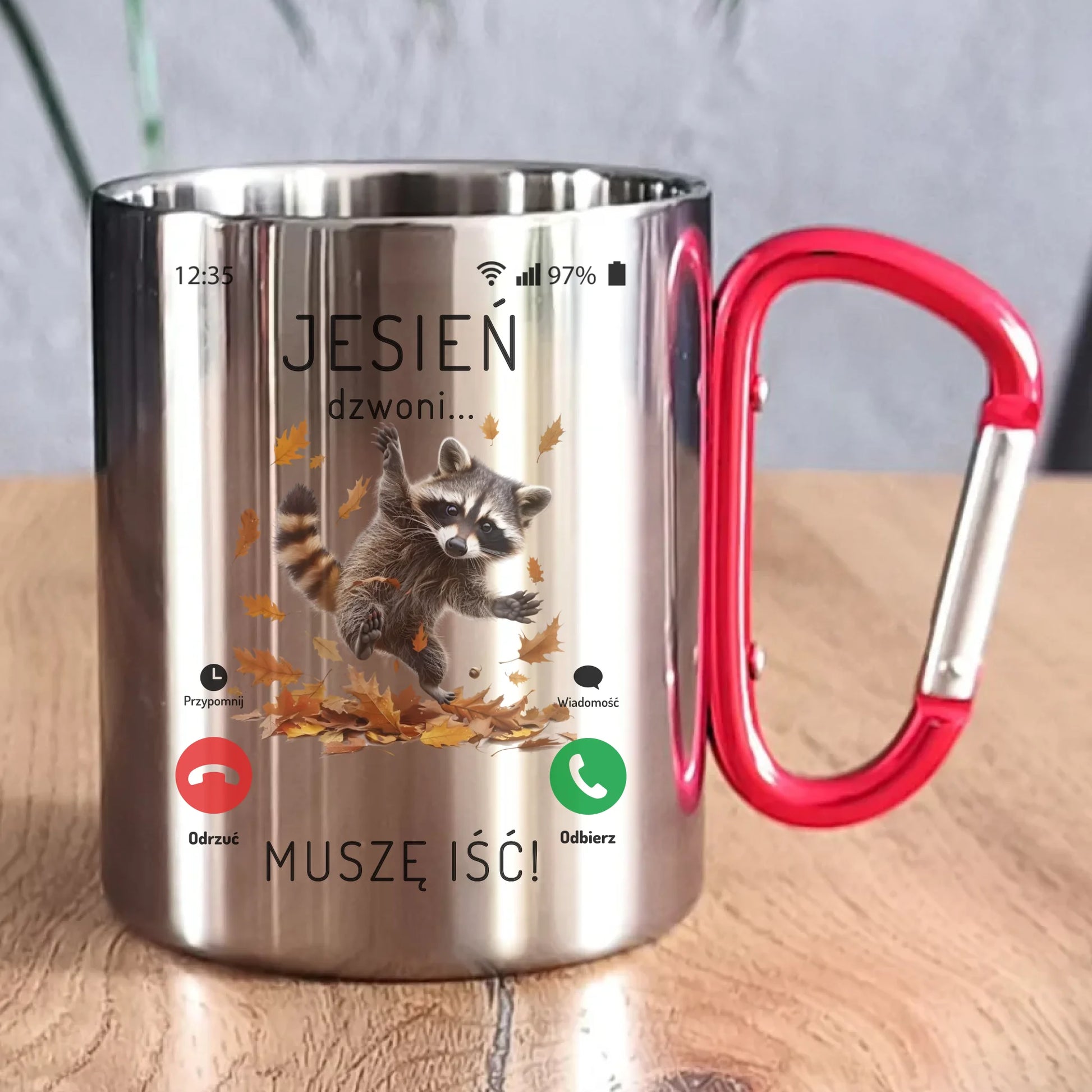 Kubek metalowy jesienny - Jesień dzwoni muszę iść JS18 - StoryCups.pl